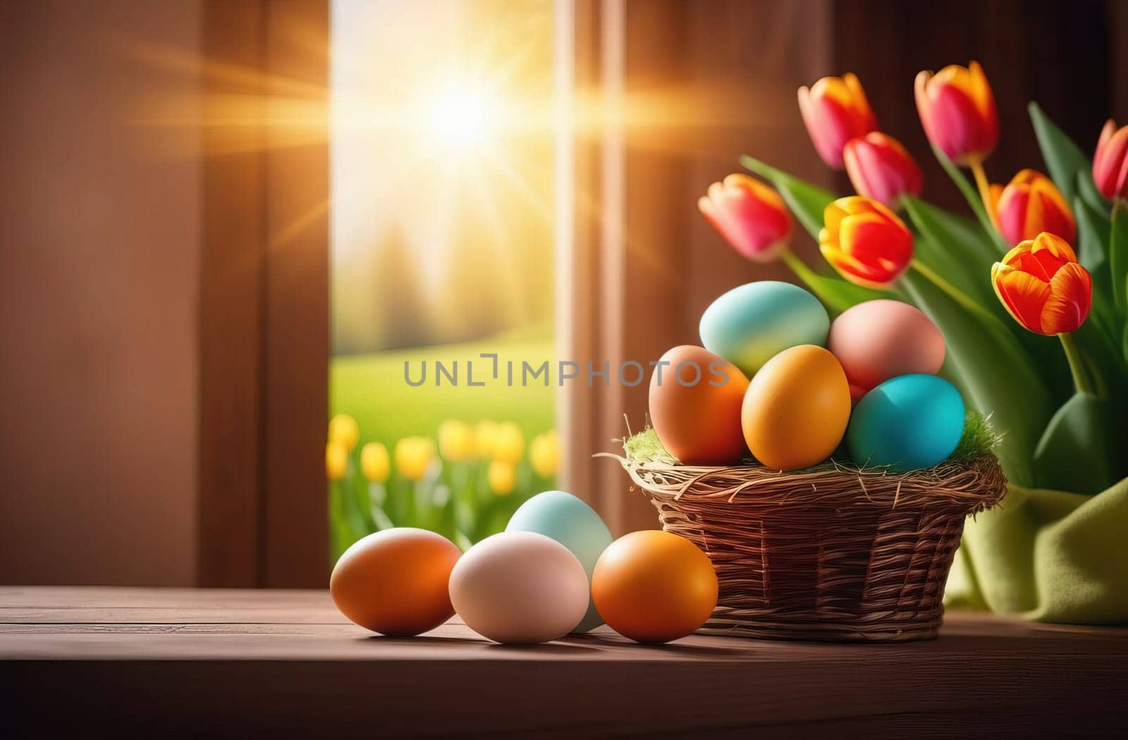 Table with vase of tulips, colorful Easter eggs. Eggs and vase of tulips on kitchen table near window. Happy Easter greeting card, banner, festive background. Blurred background. Copy space