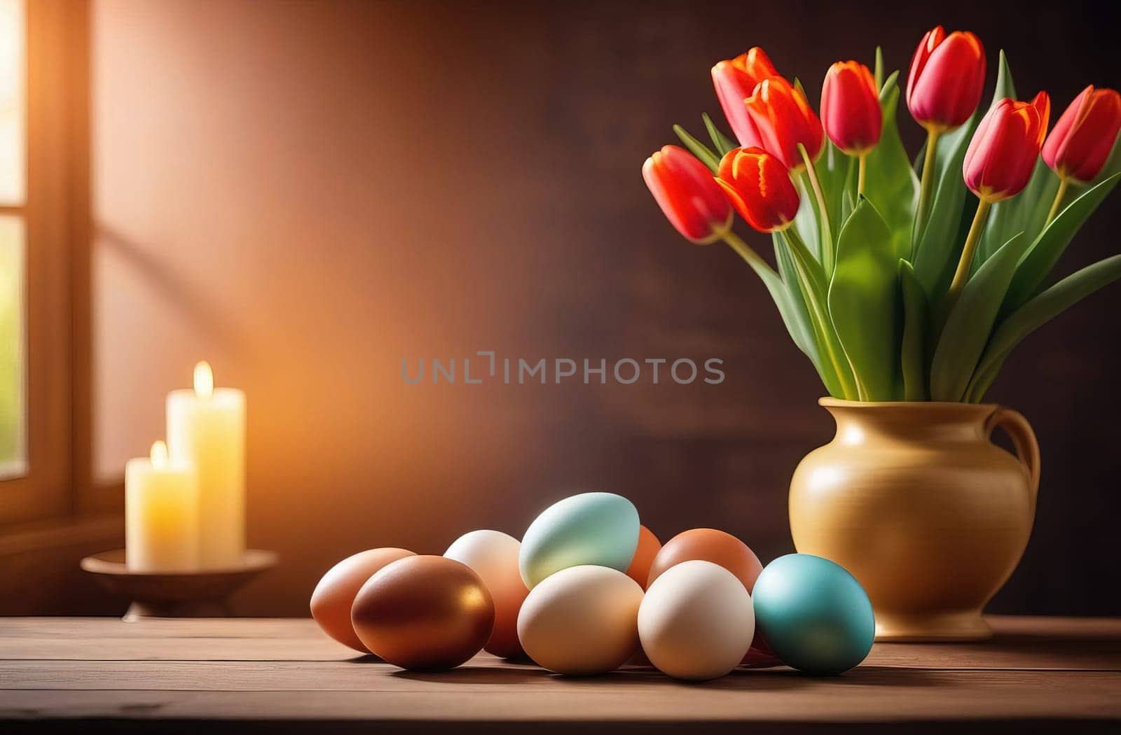 Table with vase of tulips, colorful Easter eggs. Eggs and vase of tulips on kitchen table near window. Happy Easter greeting card, banner, festive background. Blurred background. Copy space