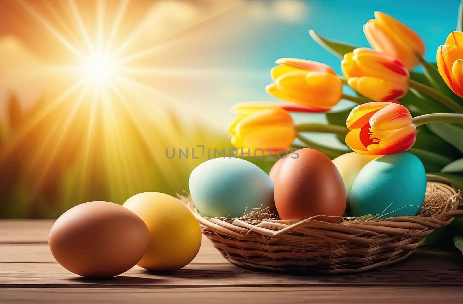 Table with vase of tulips, colorful Easter eggs. Basket of eggs and vase of tulips on kitchen table near window. Happy Easter greeting card, banner, festive background. Blurred background. Copy space