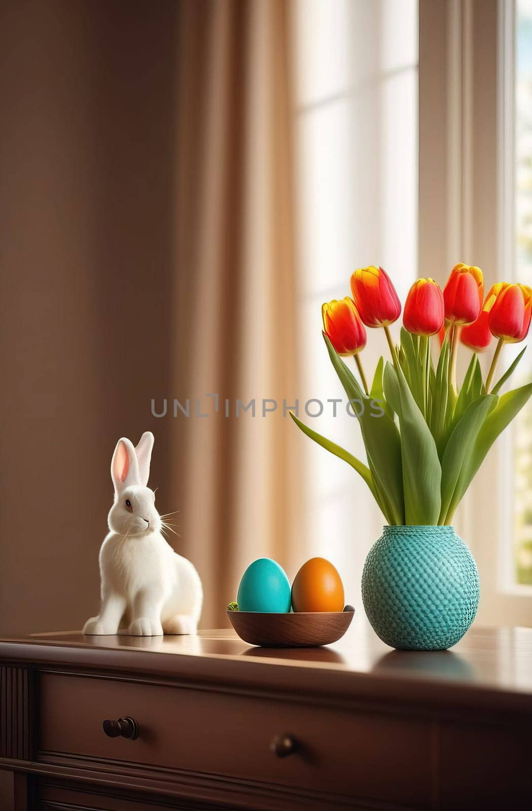 Table with vase of tulips, colorful Easter eggs. Basket of eggs and vase of tulips on kitchen table near window. Happy Easter greeting card, banner, festive background. Blurred background. Copy space