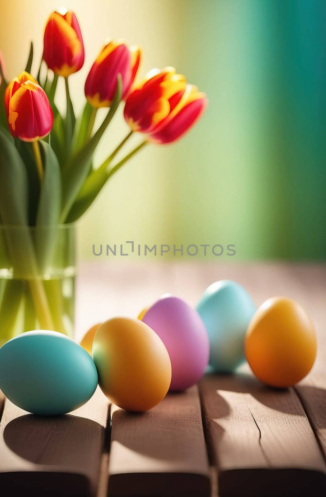 Table with vase of tulips, colorful Easter eggs. Eggs and vase of tulips on kitchen table near window. Happy Easter greeting card, banner, festive background. Blurred background. Copy space