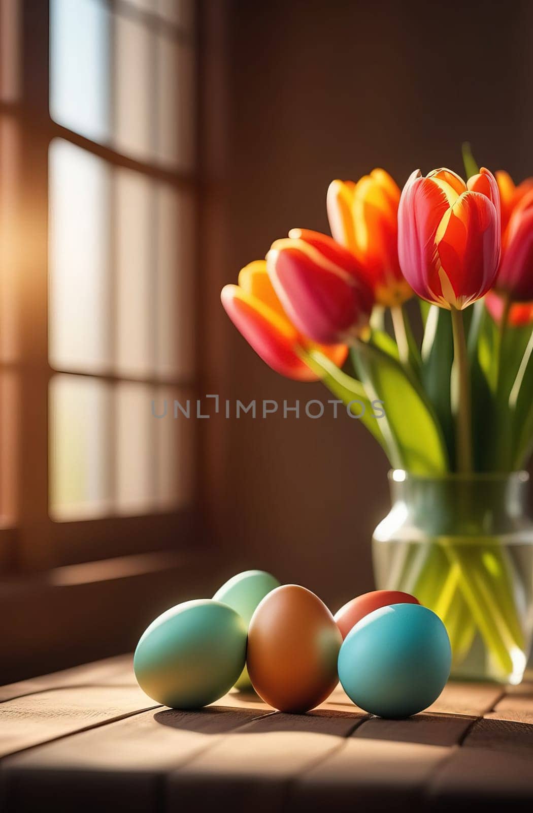 Table with vase of tulips, colorful Easter eggs. Eggs and vase of tulips on kitchen table near window. Happy Easter greeting card, banner, festive background. Blurred background. Copy space