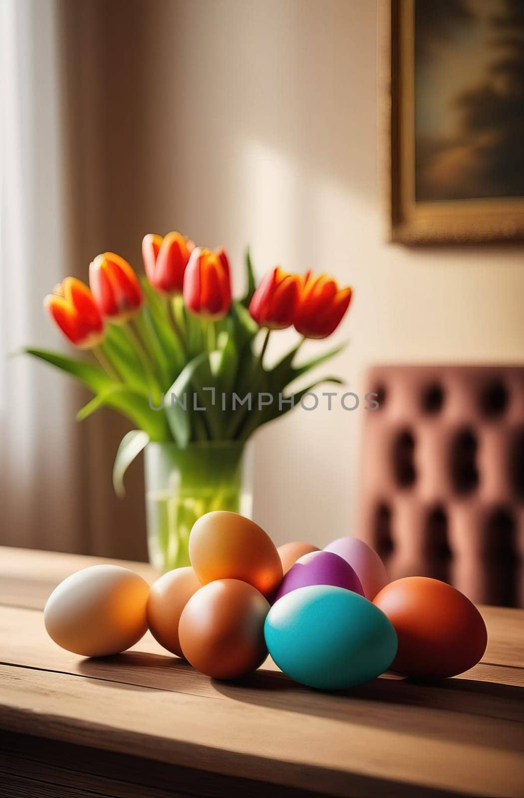 Table with vase of tulips, colorful Easter eggs. Eggs and vase of tulips on kitchen table near window. Happy Easter greeting card, banner, festive background. Blurred background. Copy space