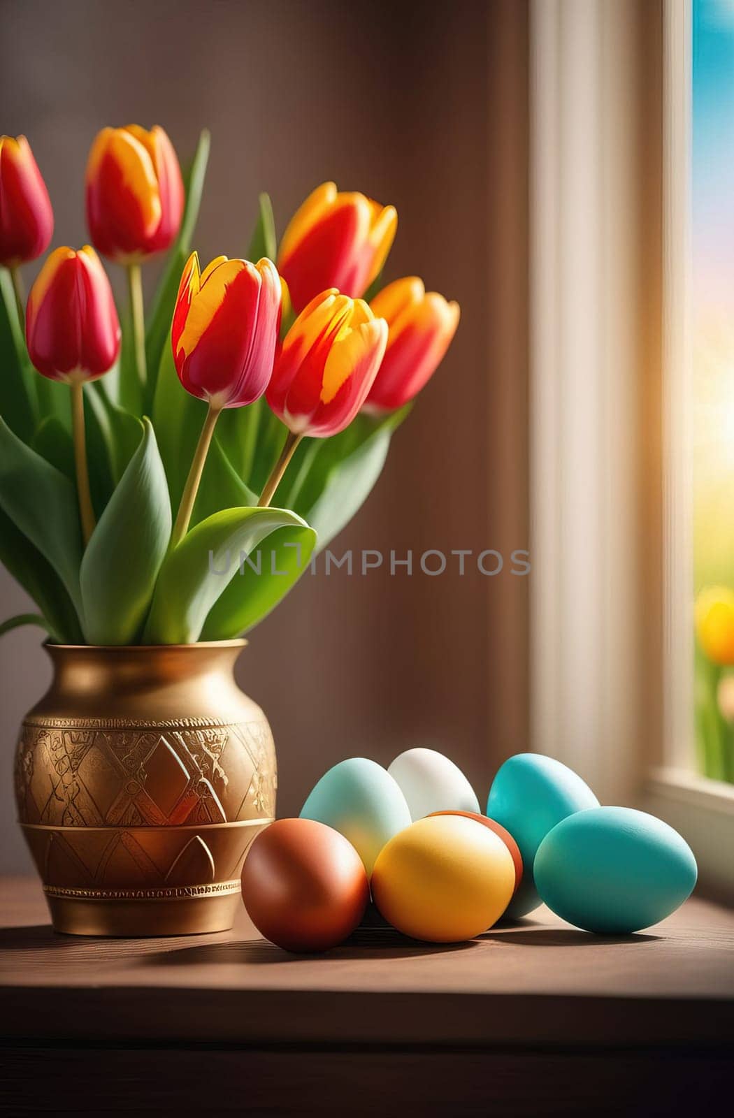 Table with vase of tulips, colorful Easter eggs. Eggs and vase of tulips on kitchen table near window. Happy Easter greeting card, banner, festive background. Blurred background. Copy space