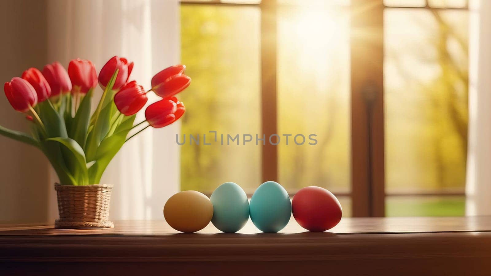 Table with vase of tulips, colorful Easter eggs. Eggs and vase of tulips on kitchen table near window. Happy Easter greeting card, banner, festive background. Blurred background. Copy space