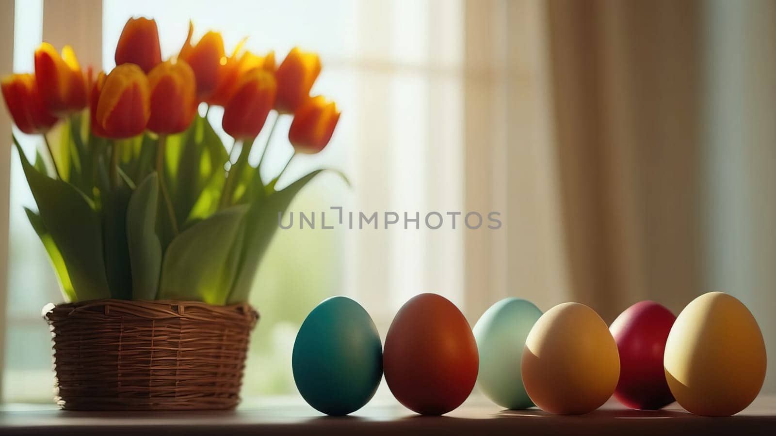 Table with vase of tulips, colorful Easter eggs. Eggs and vase of tulips on kitchen table near window. Happy Easter greeting card, banner, festive background. Blurred background. Copy space