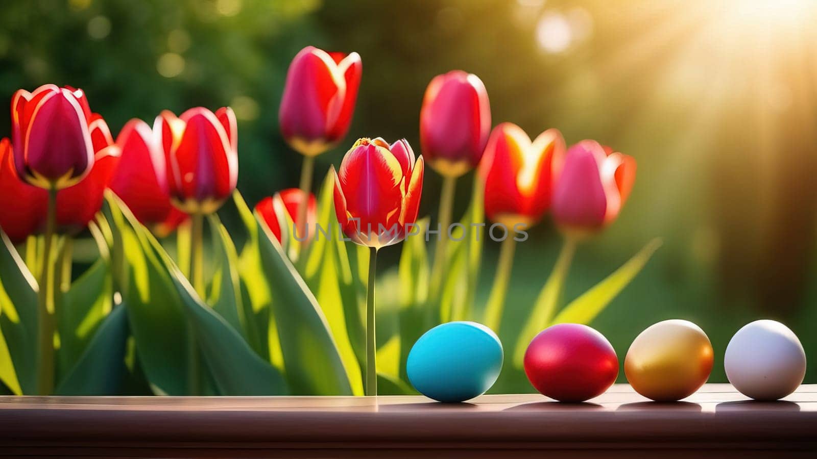 Table with tulips, colorful Easter eggs. Eggs and tulips on kitchen table near window. Happy Easter greeting card, banner, festive background. Blurred background. Copy space