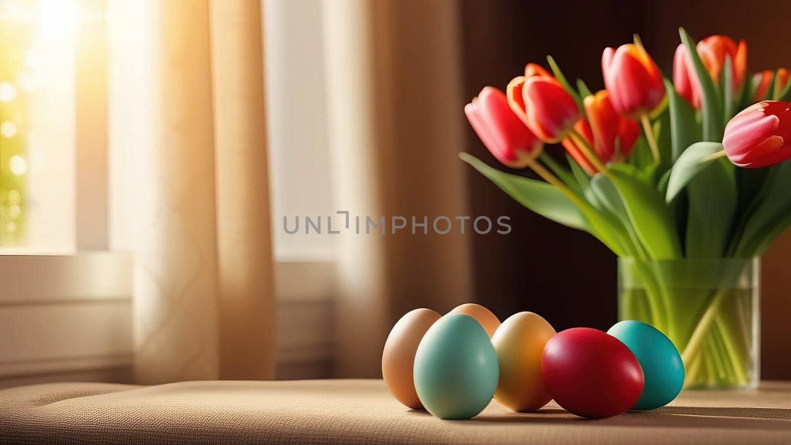 Table with vase of tulips, colorful Easter eggs. Eggs and vase of tulips on kitchen table near window. Happy Easter greeting card, banner, festive background. Blurred background. Copy space