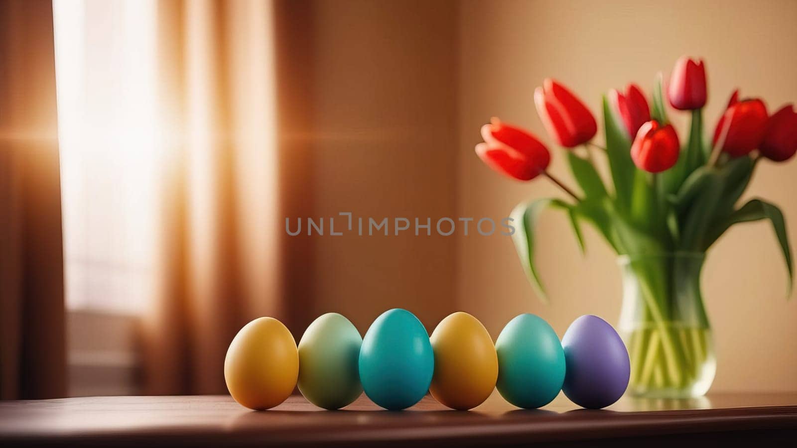 Table with vase of tulips, colorful Easter eggs. Eggs and vase of tulips on kitchen table near window. Happy Easter greeting card, banner, festive background. Blurred background. Copy space