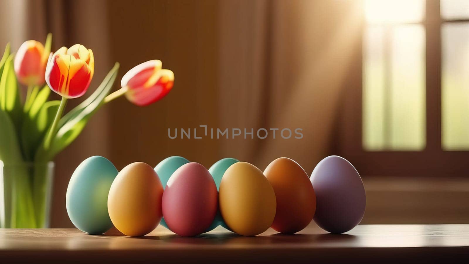 Table with vase of tulips, colorful Easter eggs. Eggs and vase of tulips on kitchen table near window. Happy Easter greeting card, banner, festive background. Blurred background. Copy space