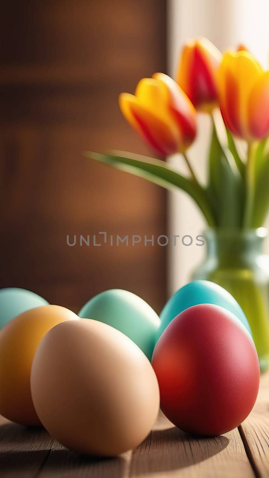 Table with vase of tulips, colorful Easter eggs. Eggs and vase of tulips on kitchen table near window. Happy Easter greeting card, banner, festive background. Blurred background. Copy space