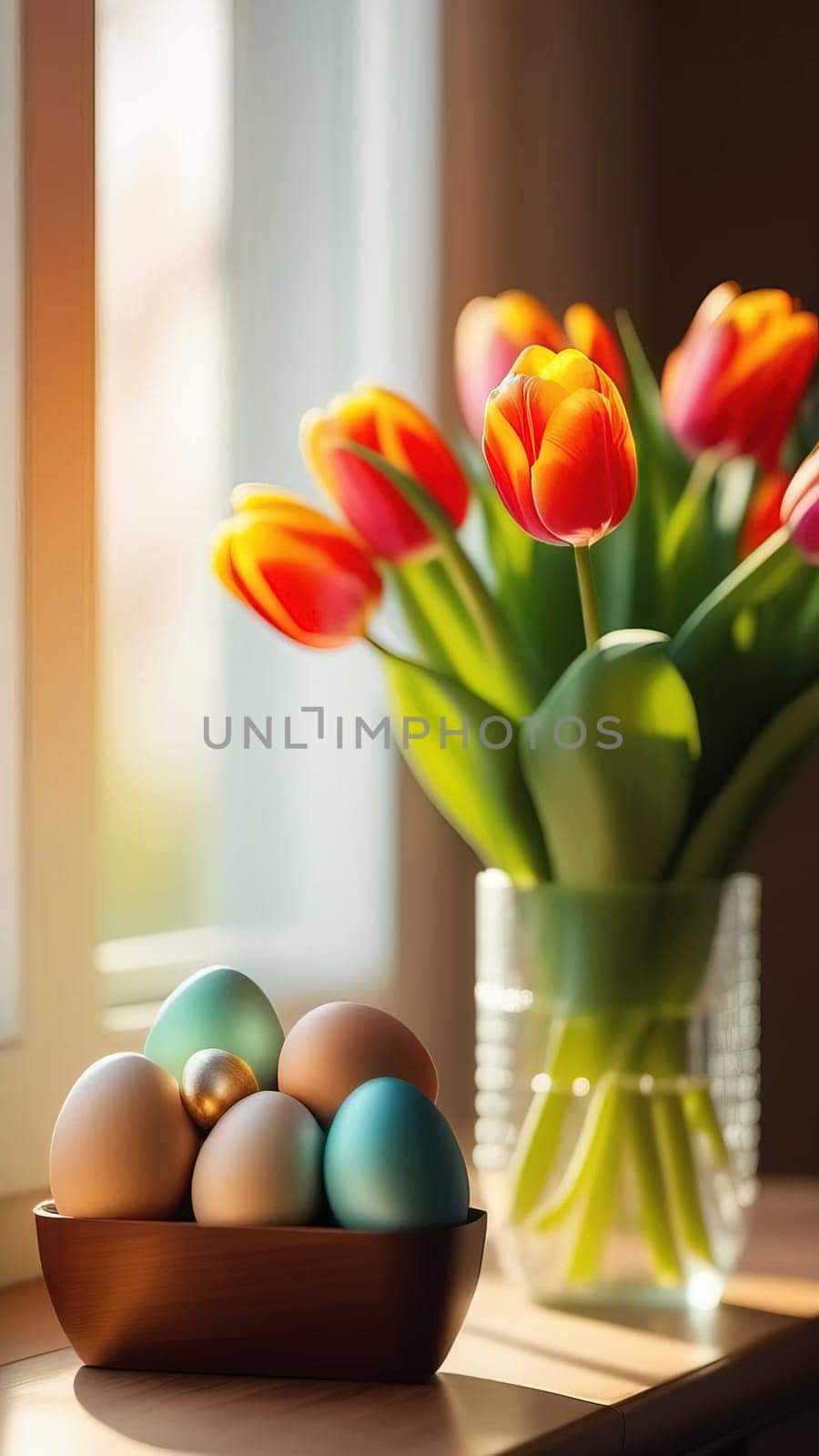 Table with vase of tulips, colorful Easter eggs. Basket of eggs and vase of tulips on kitchen table near window. Happy Easter greeting card, banner, festive background. Blurred background. Copy space