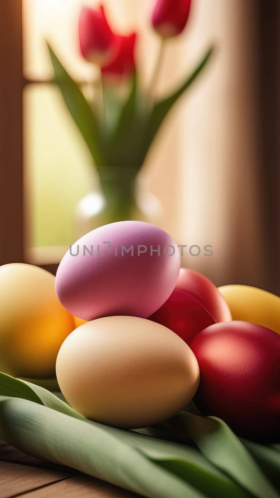 Table with vase of tulips, colorful Easter eggs. Eggs and vase of tulips on kitchen table near window. Happy Easter greeting card, banner, festive background. Blurred background. Copy space