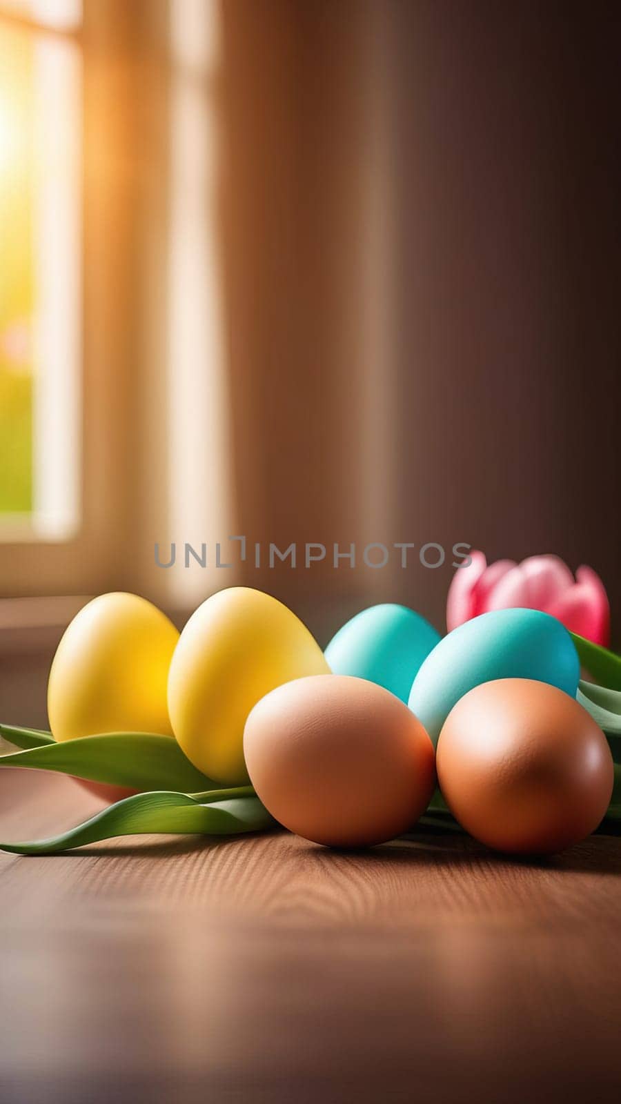 Table with tulips, colorful Easter eggs. Eggs and tulips on kitchen table near window. Happy Easter greeting card, banner, festive background. Blurred background. Copy space