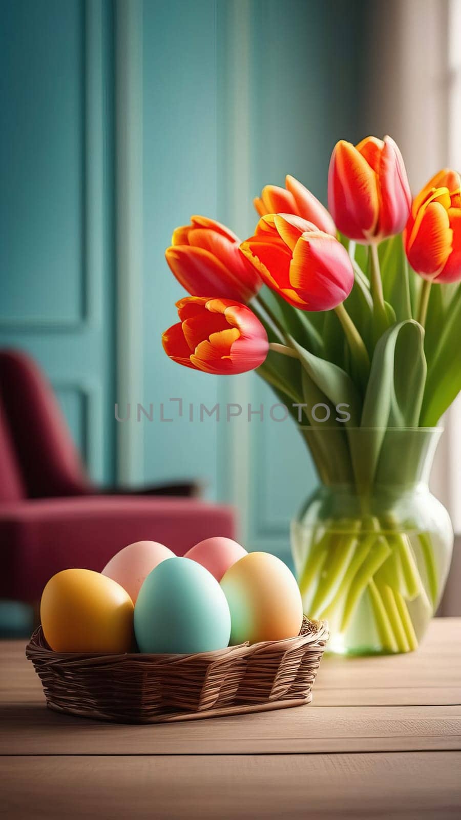 Table with vase of tulips, colorful Easter eggs. Basket of eggs and vase of tulips on kitchen table near window. Happy Easter greeting card, banner, festive background. Blurred background. Copy space