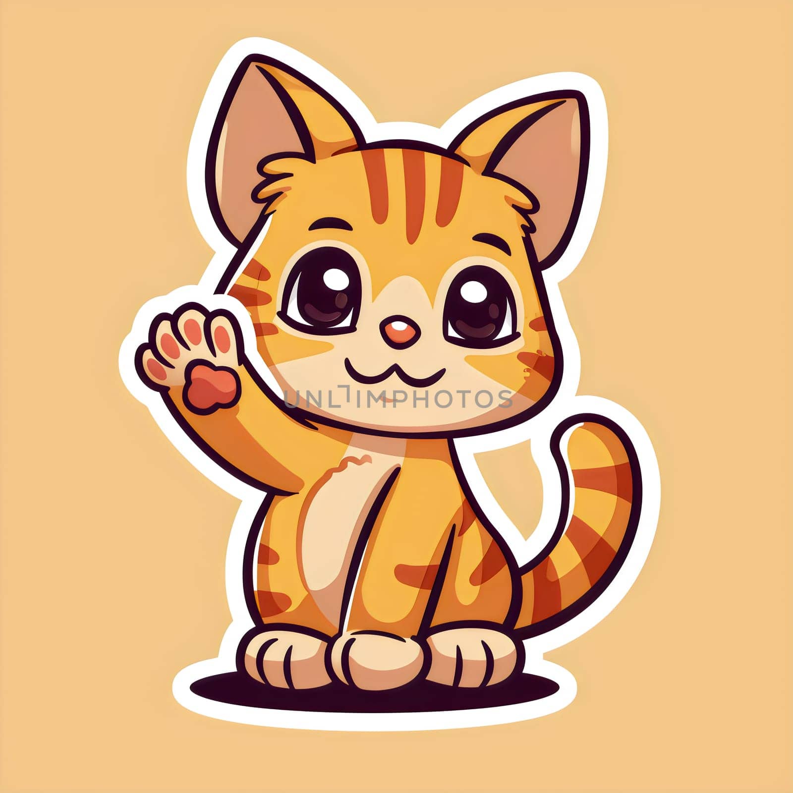 An endearing illustration of a tabby kitten with a friendly wave, in vibrant orange - Generative AI