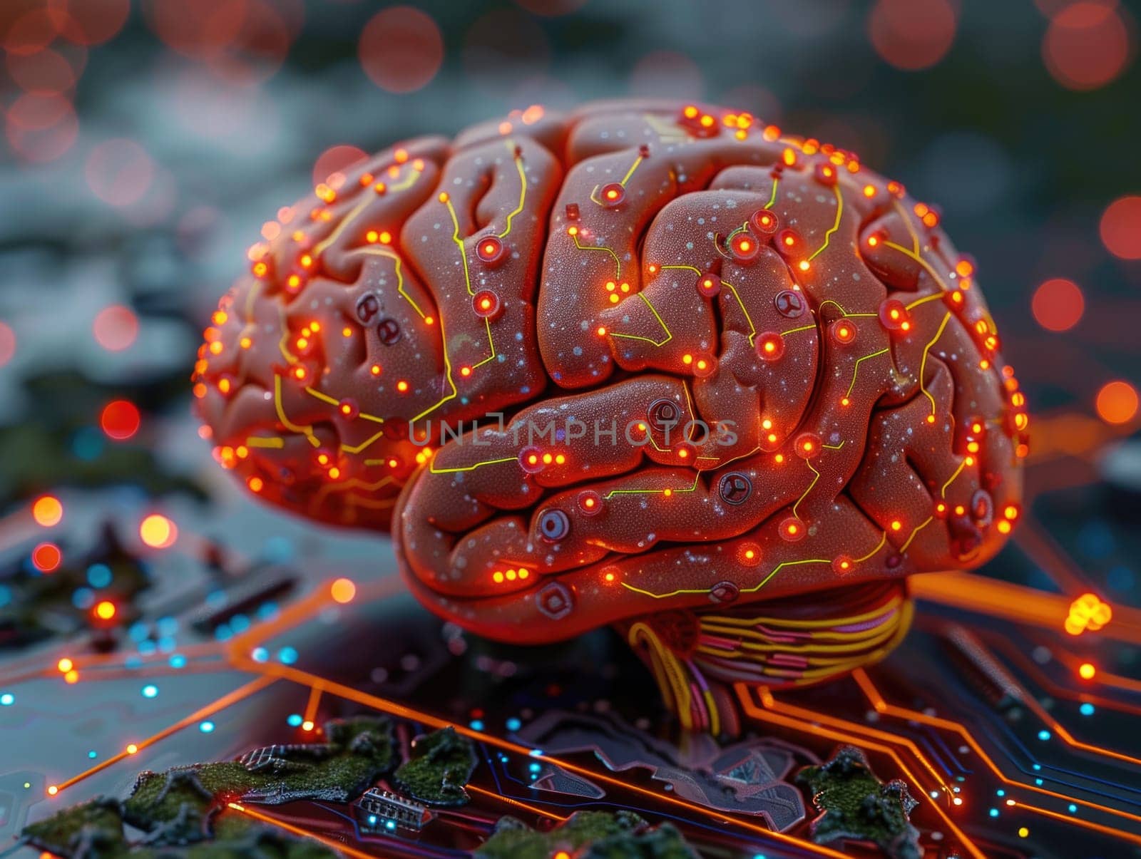 A professional macro shot of a cybernetic brain model placed on a circuit board, showcasing the fusion of biology and technology.