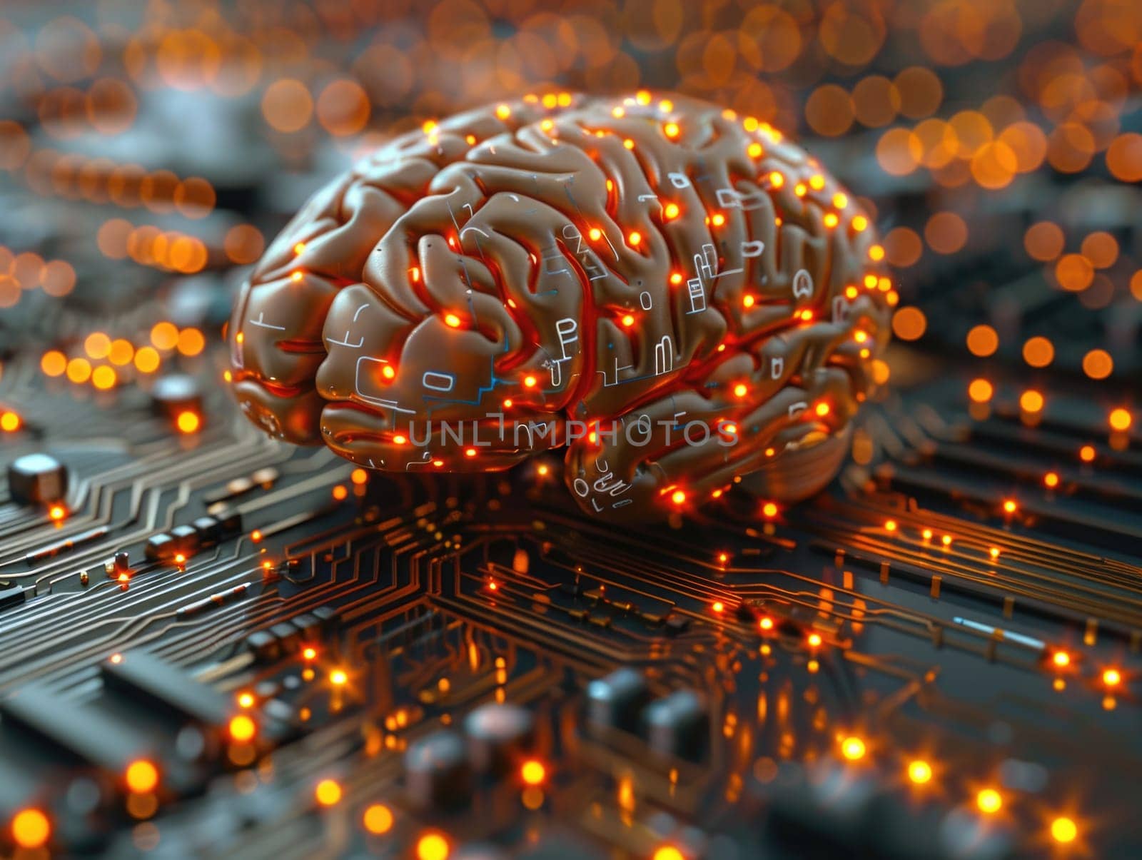 Computer Circuit Board With Brain. Generative AI by but_photo