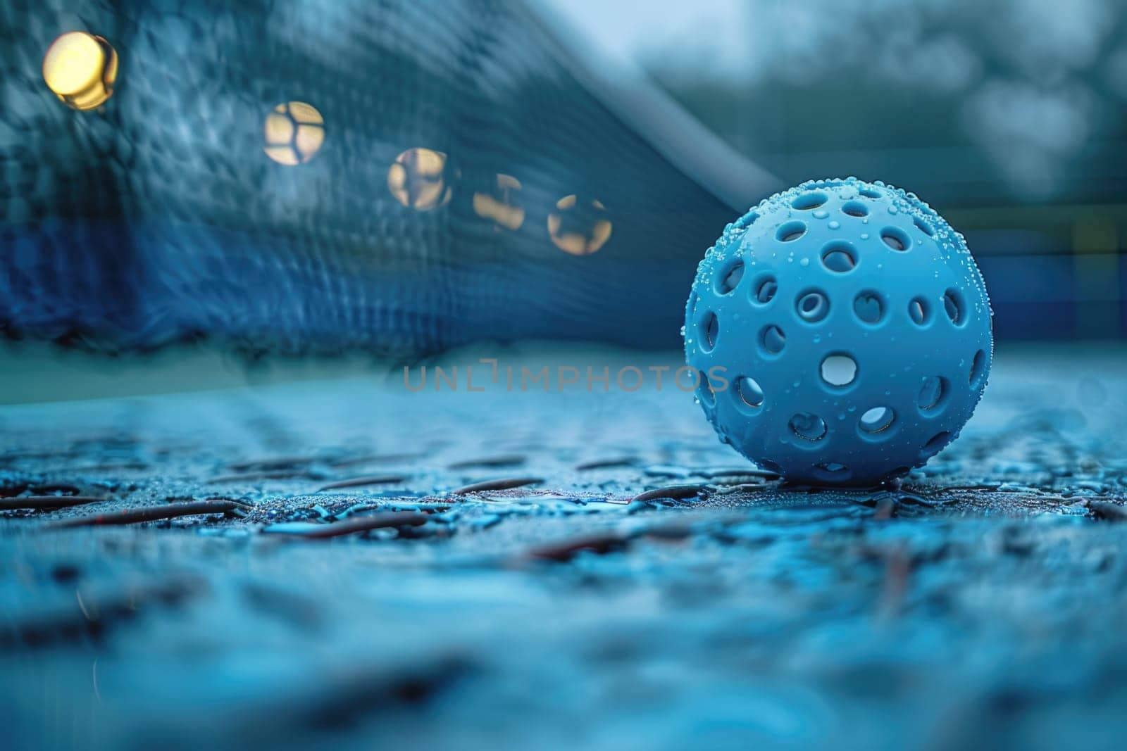 A close up photo of a blue ball resting on a blue floor.