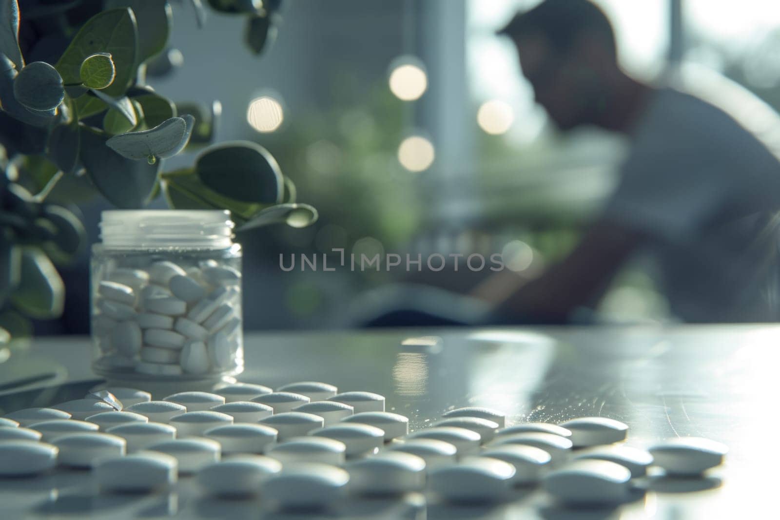 A close-up shot of a glass jar filled with various pills placed on top of a wooden table.