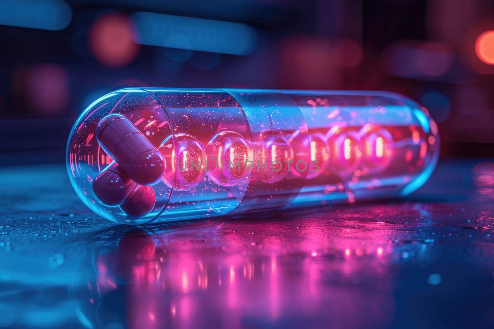 A professional photograph showing a close-up of a pill bottle placed on a table.