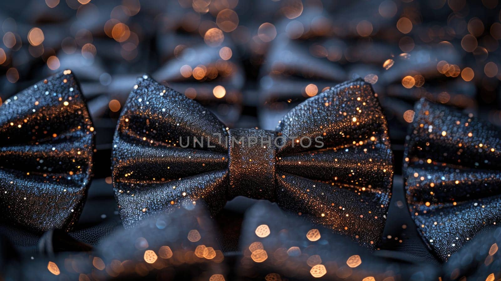 A detailed shot of a sleek black bow tie, showcasing its intricate design and texture.
