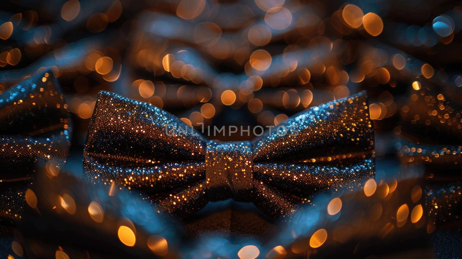 Detailed close-up photo of a stylish bow tie laying flat on a wooden table, showcasing intricate patterns and textures.