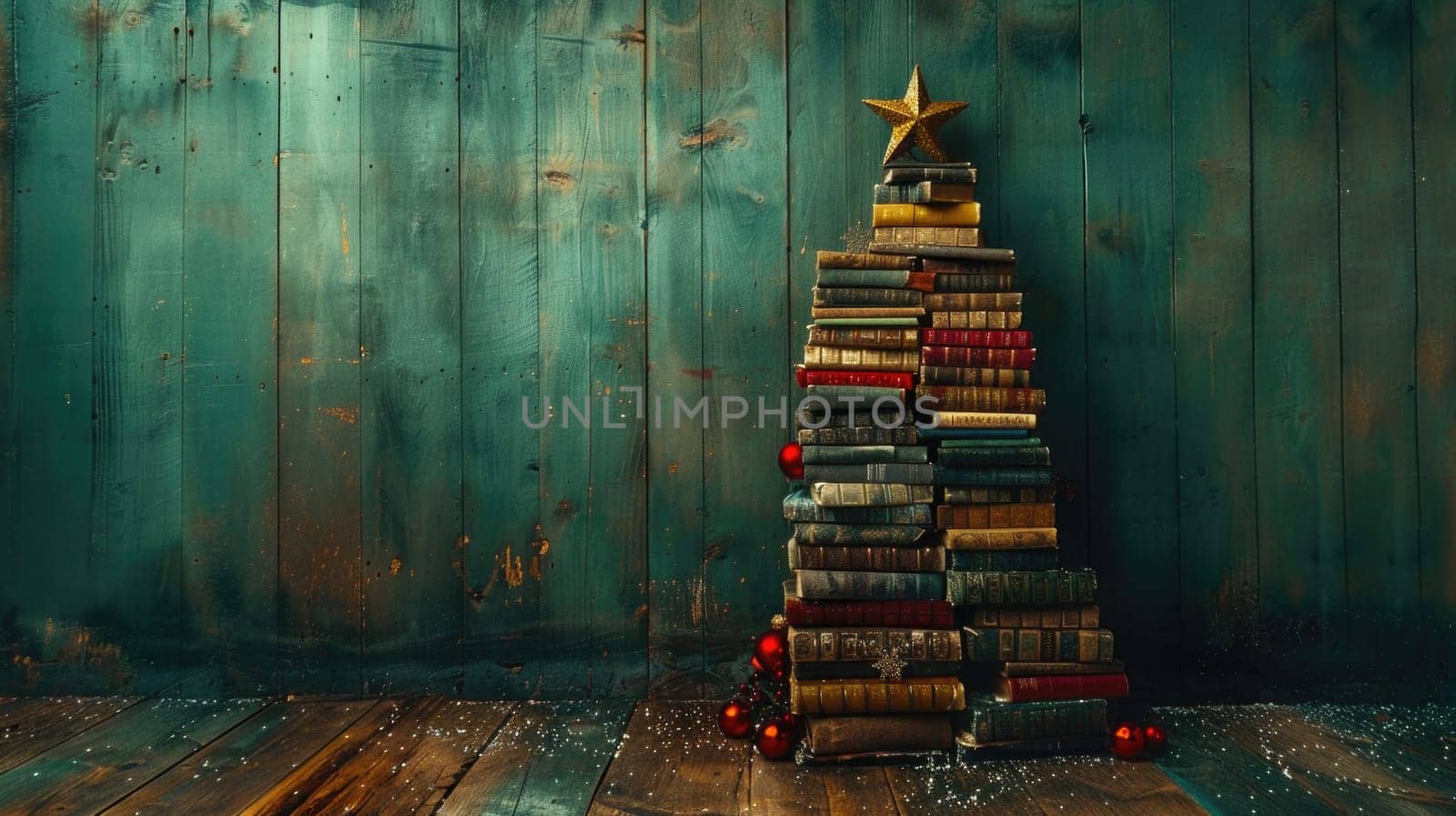 A unique Christmas tree made entirely of books standing on a wooden floor, creating a festive and literary atmosphere.