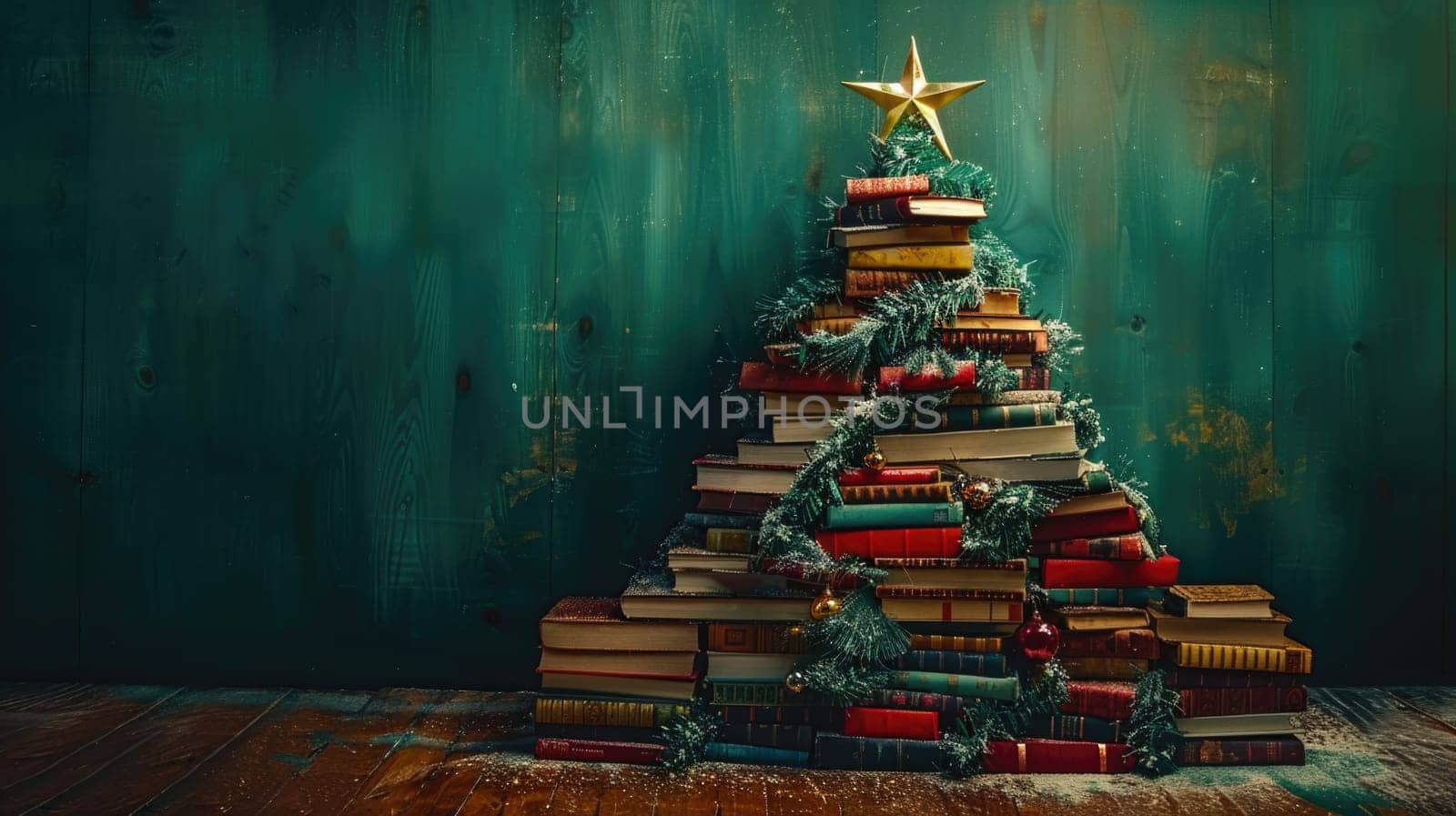 A Christmas tree made out of books with a star on top, creatively arranged in a festive display.