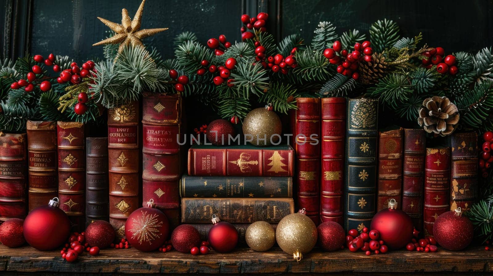 A professional photograph of a painting showing a collection of books and Christmas decorations neatly arranged on a shelf.