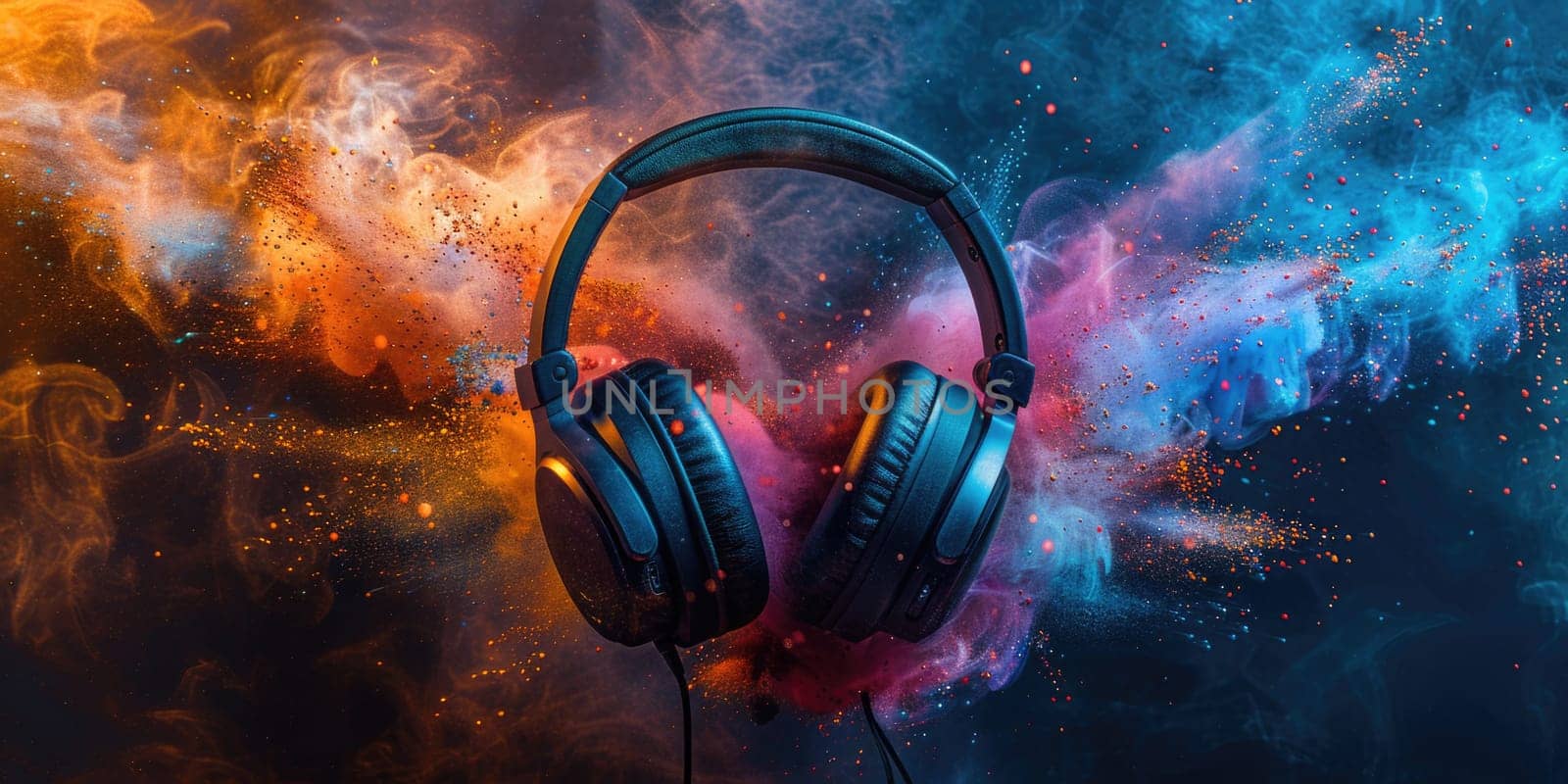 Stylish Headphones on Colorful Background. Generative AI by but_photo