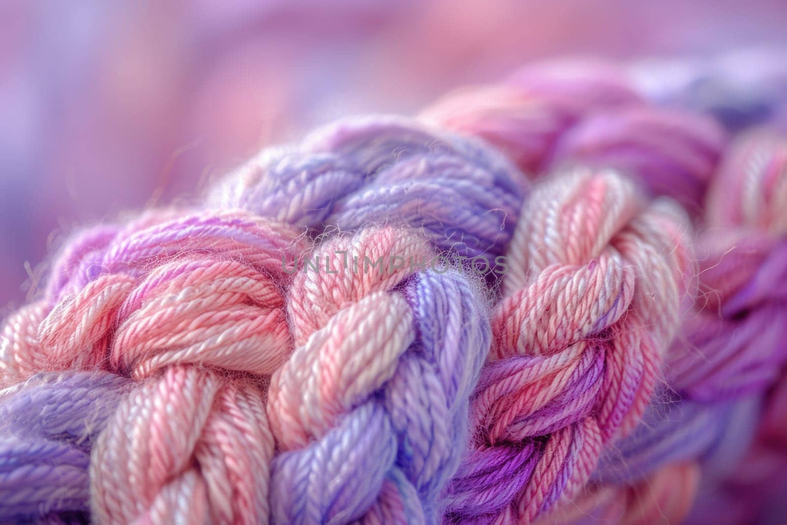 A close-up view of a multicolored skein of yarn, showcasing the vibrant colors and intricate patterns of the fibers.