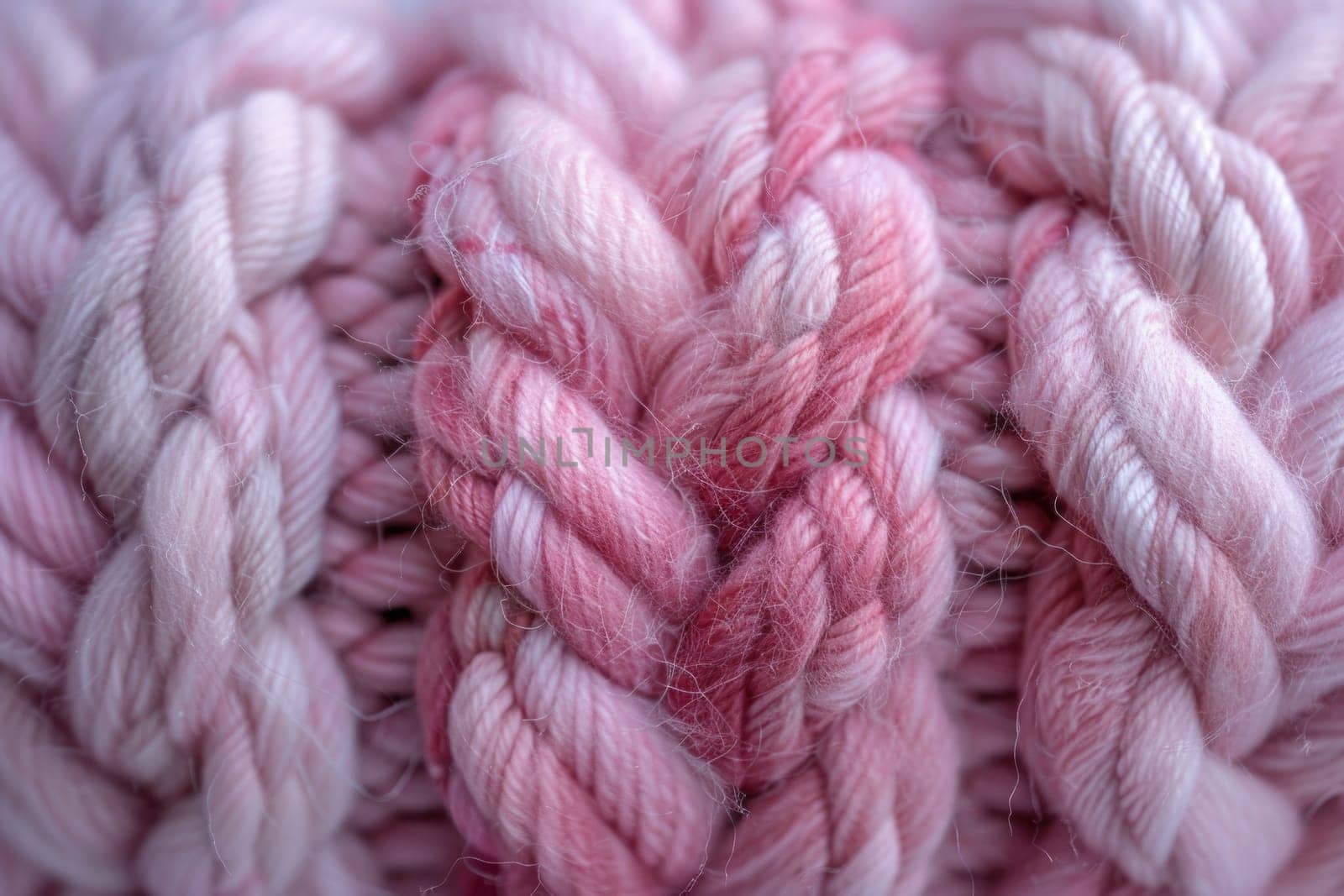 A detailed view of intricately woven pink and white yarn, showcasing the delicate intertwining fibers and color contrast.