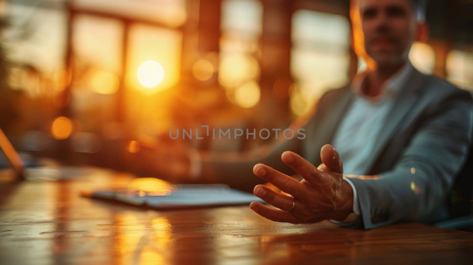 Man Working on Laptop at Table. Generative AI by but_photo
