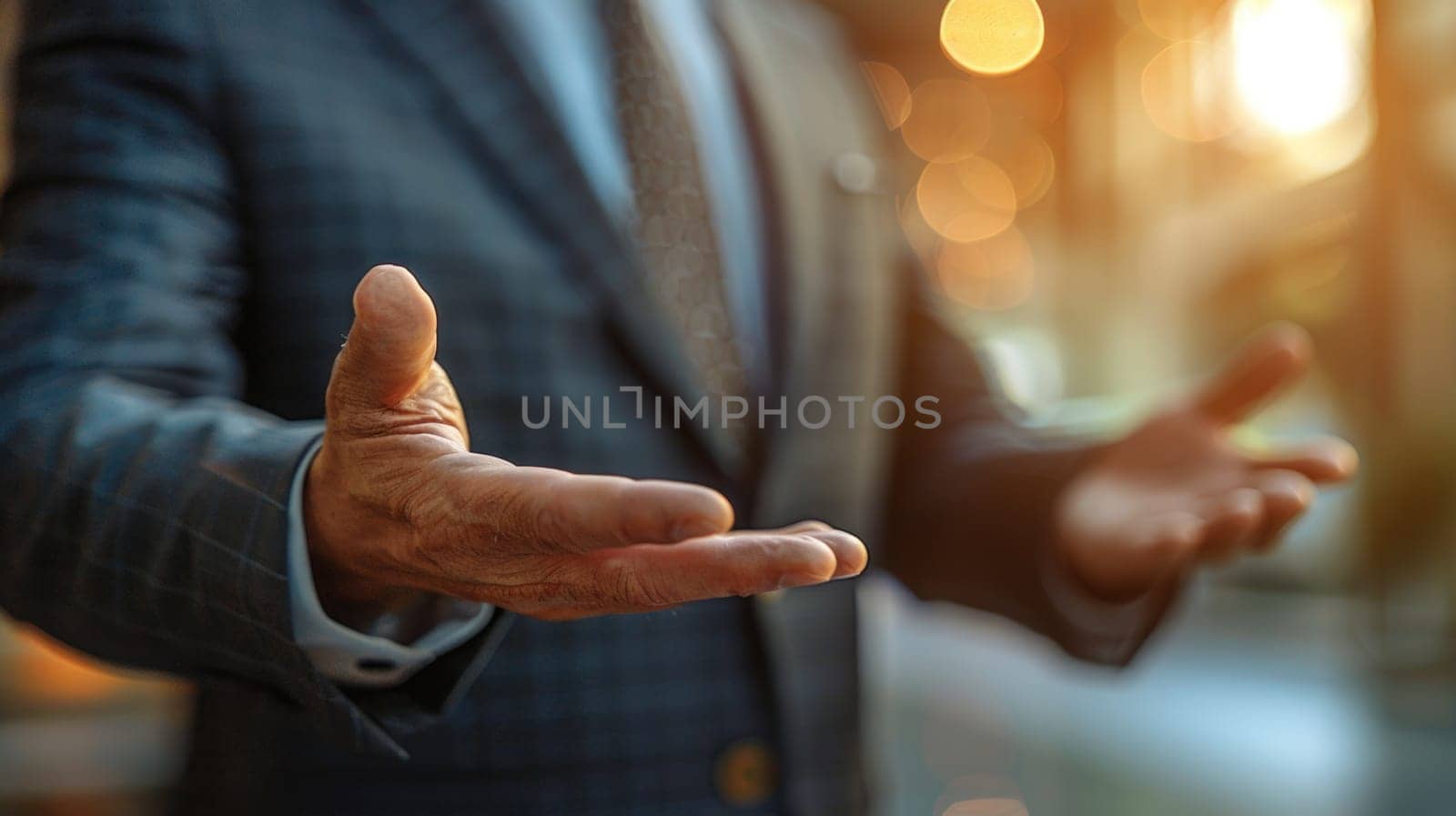 Businessman in Suit Holding Out Hands. Generative AI by but_photo