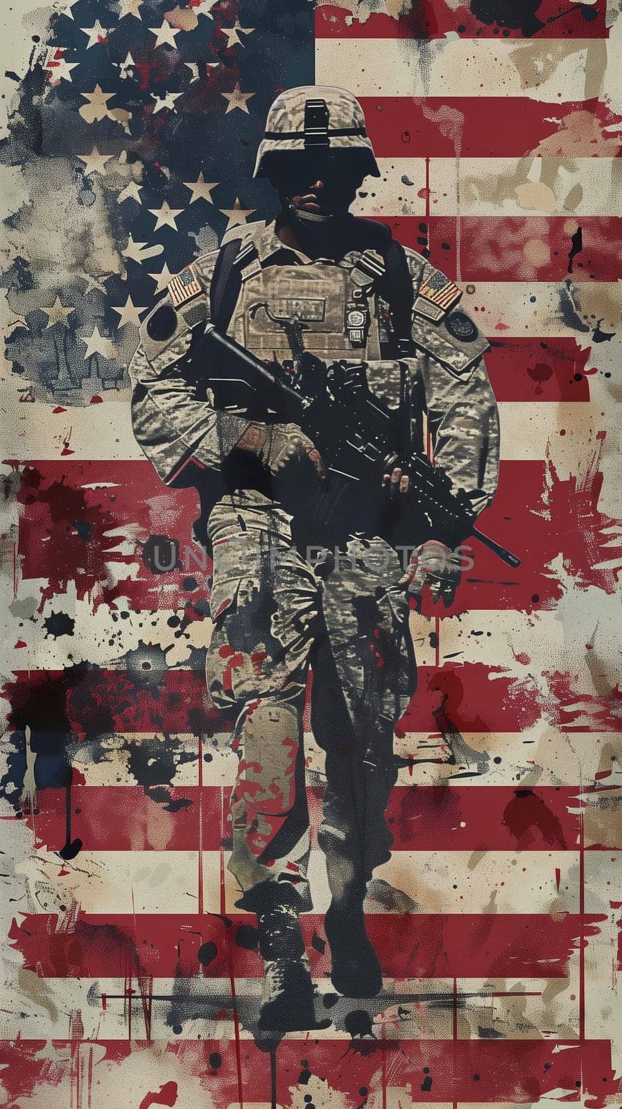 Warrior in camouflage equipment on USA flag background ai generated image