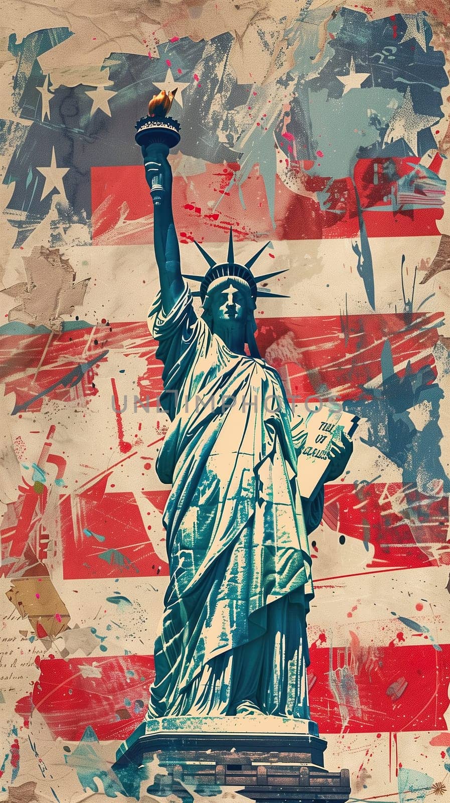 American statue of liberty with flag background vertical collage ai generated image