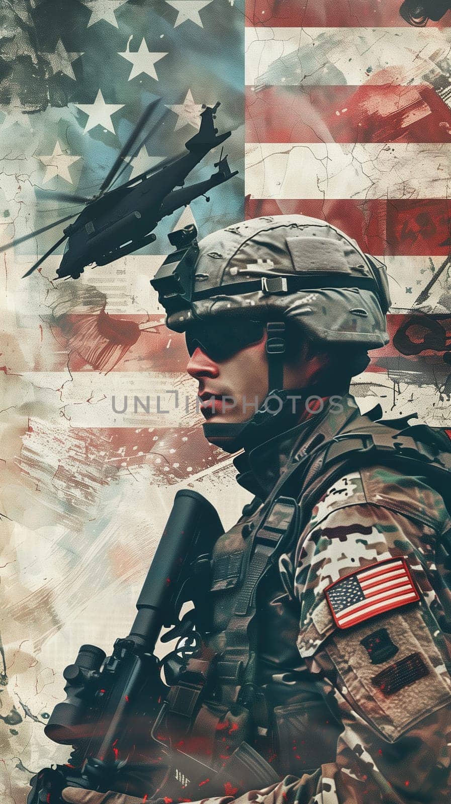 Warrior with weapon on USA flag background ai generated image