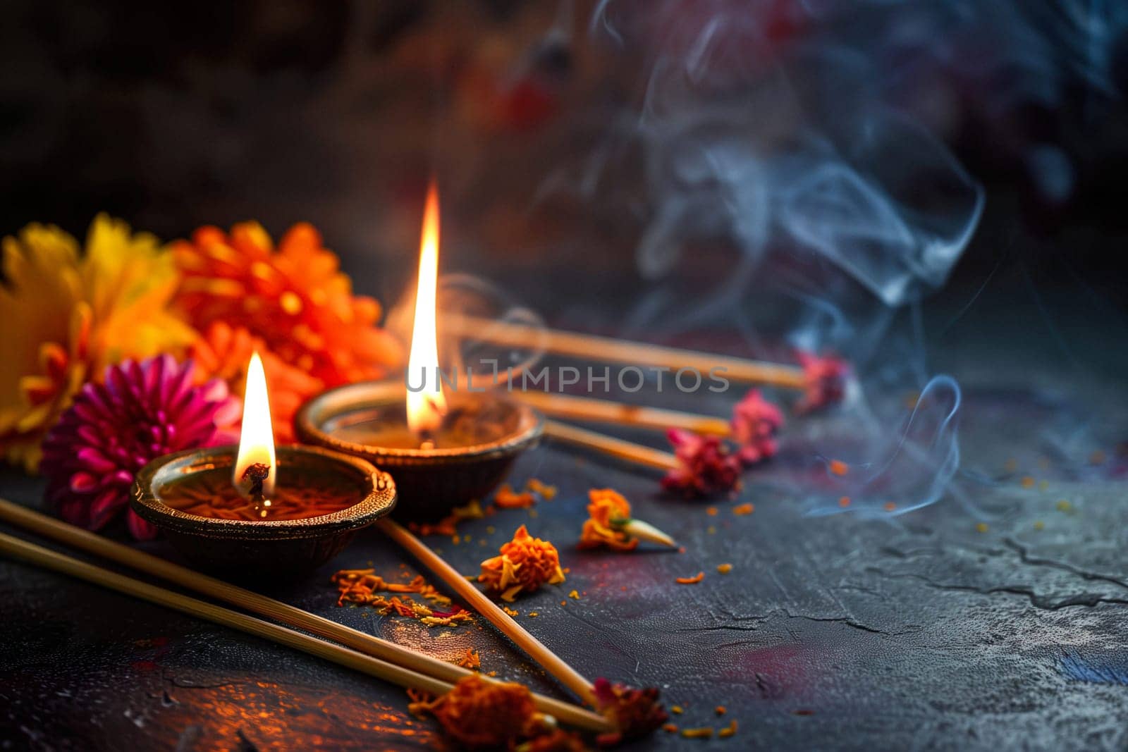 Diwali indian candles and aroma sticks background with copy space by Dustick