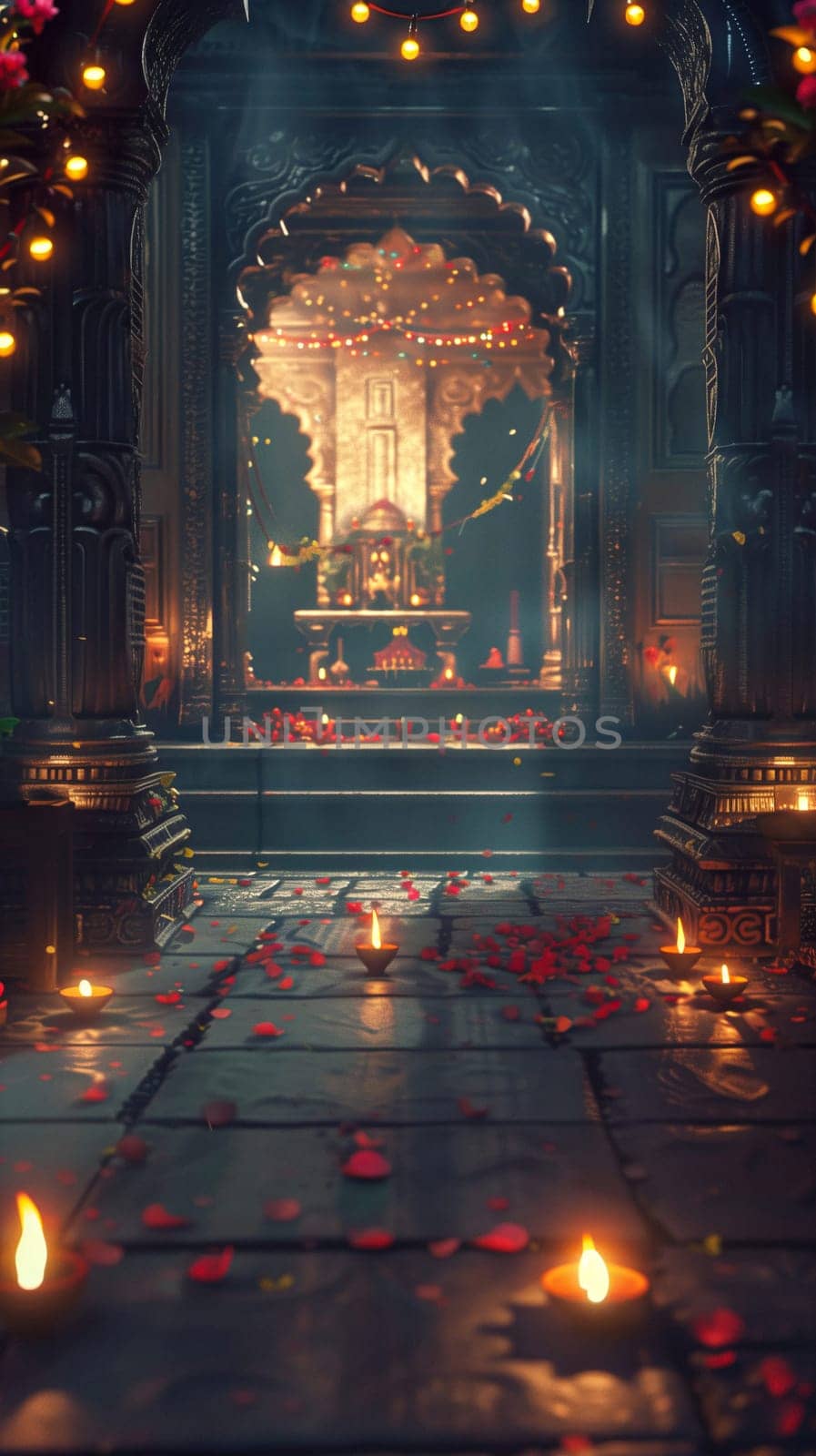 Indian old temple with candles diwali celebration background ai generated image