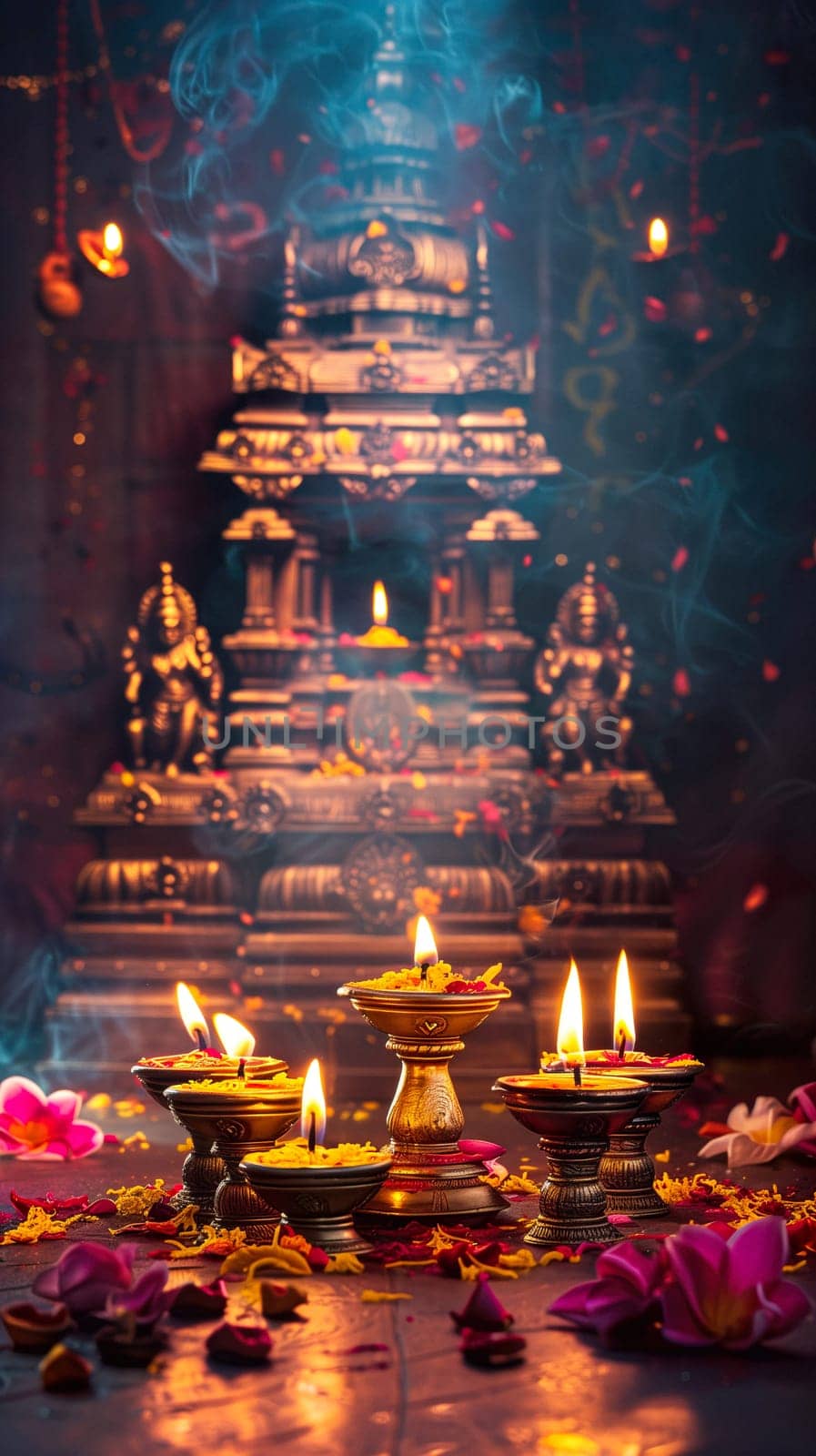 Indian traditional candles and temple background ai generated image