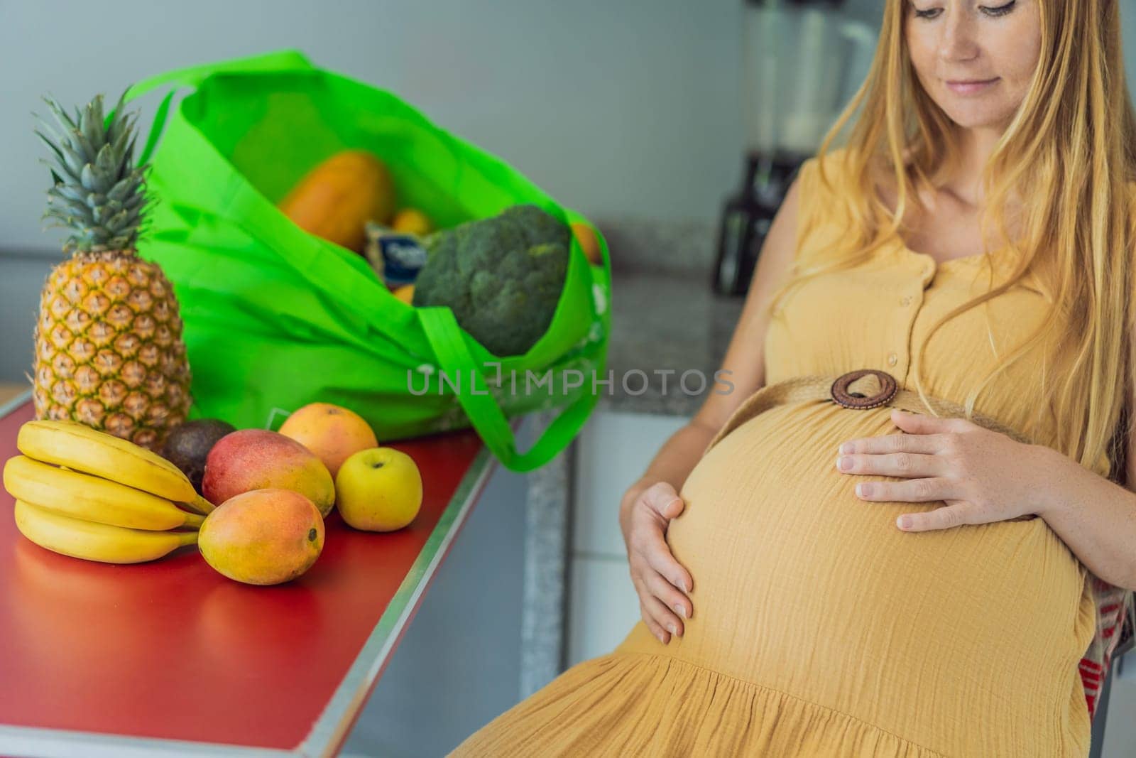 Exhausted but resilient, a pregnant woman feels fatigue after bringing home a sizable bag of groceries, showcasing her dedication to providing nourishing meals for herself and her baby by galitskaya