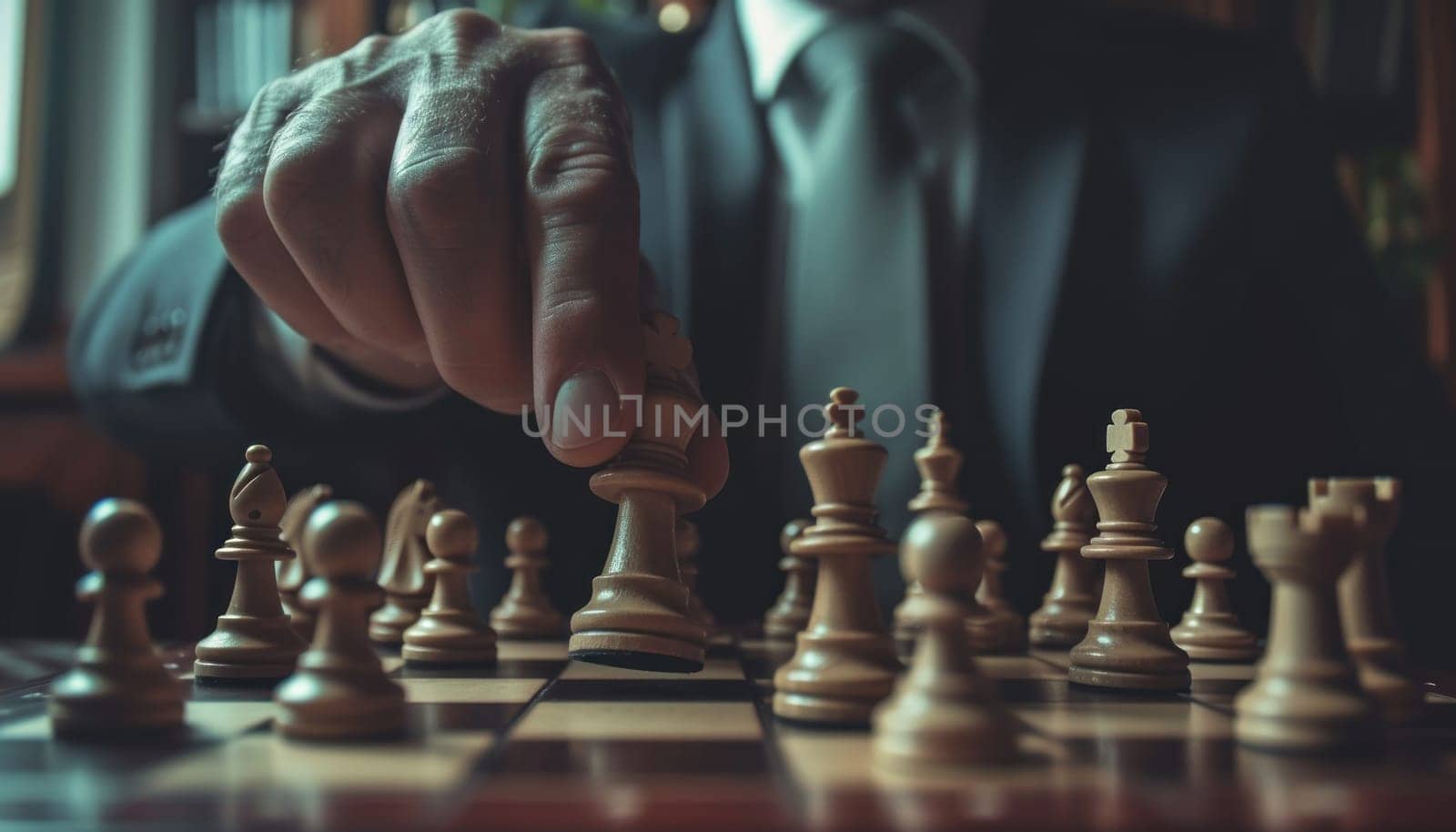 Man in business suit move chess figure on chessboard. Business strategy concept. Generative AI by golfmerrymaker