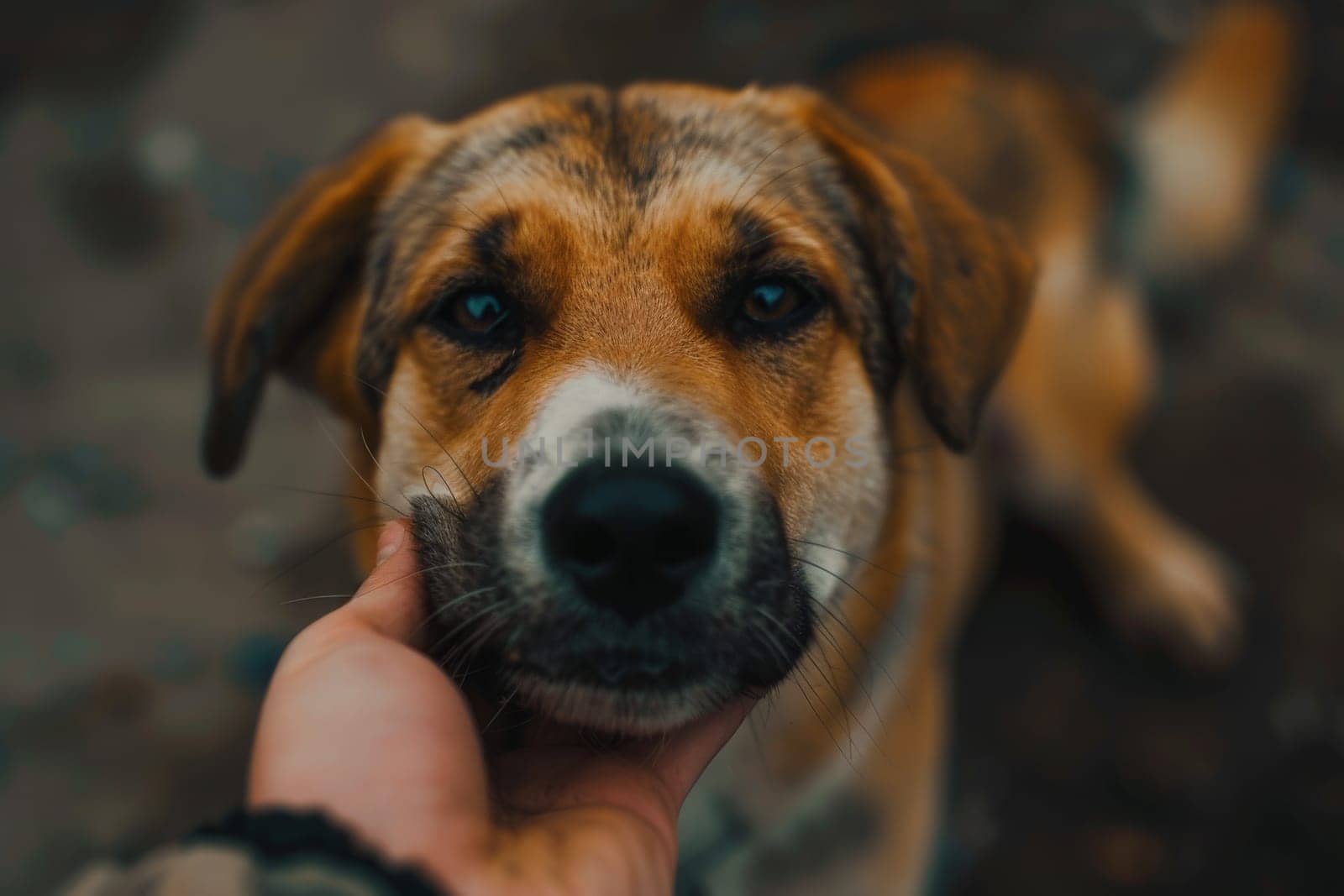 Dog wallpaper, photo of a dog with a sad face and a hand holds it from under the snout.