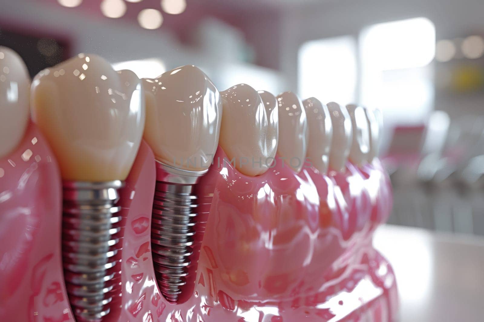 Dental implantation, teeth with implant screw, .AI generative by matamnad