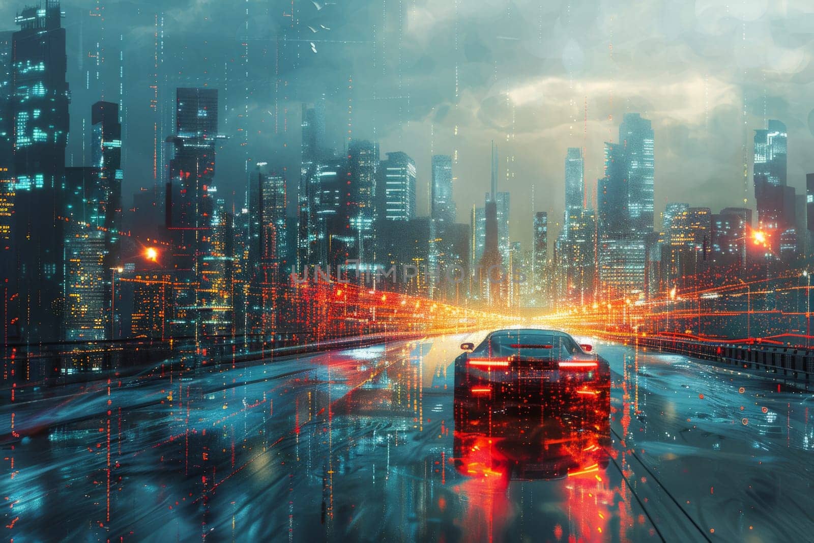 futuristic car in cyber city, Self driving car navigating through a cityscape with precision.