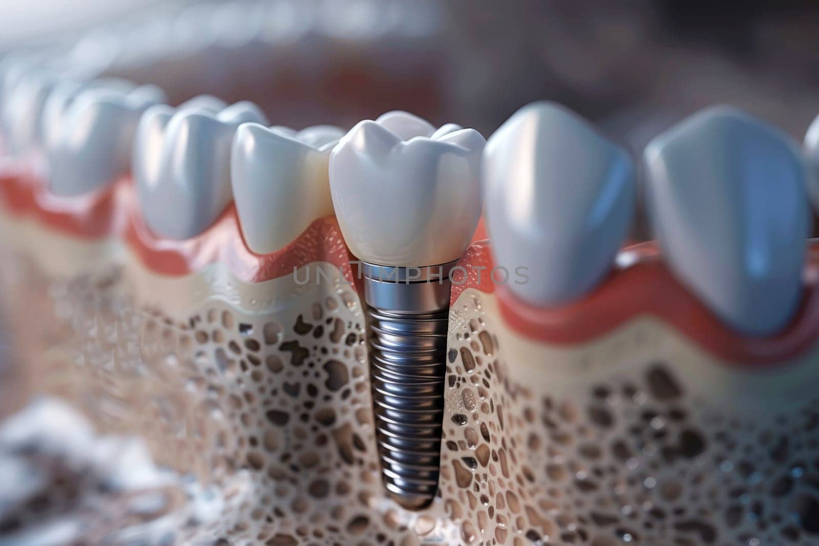 Dental implantation, teeth with implant screw, .AI generative.