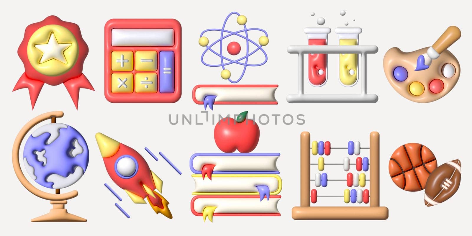 3d education set, symbol for back to school. 3d cartoon minimal illustration. High quality photo