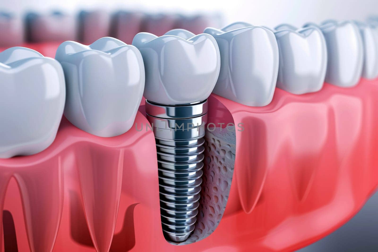 Dental implantation, teeth with implant screw, .AI generative by matamnad