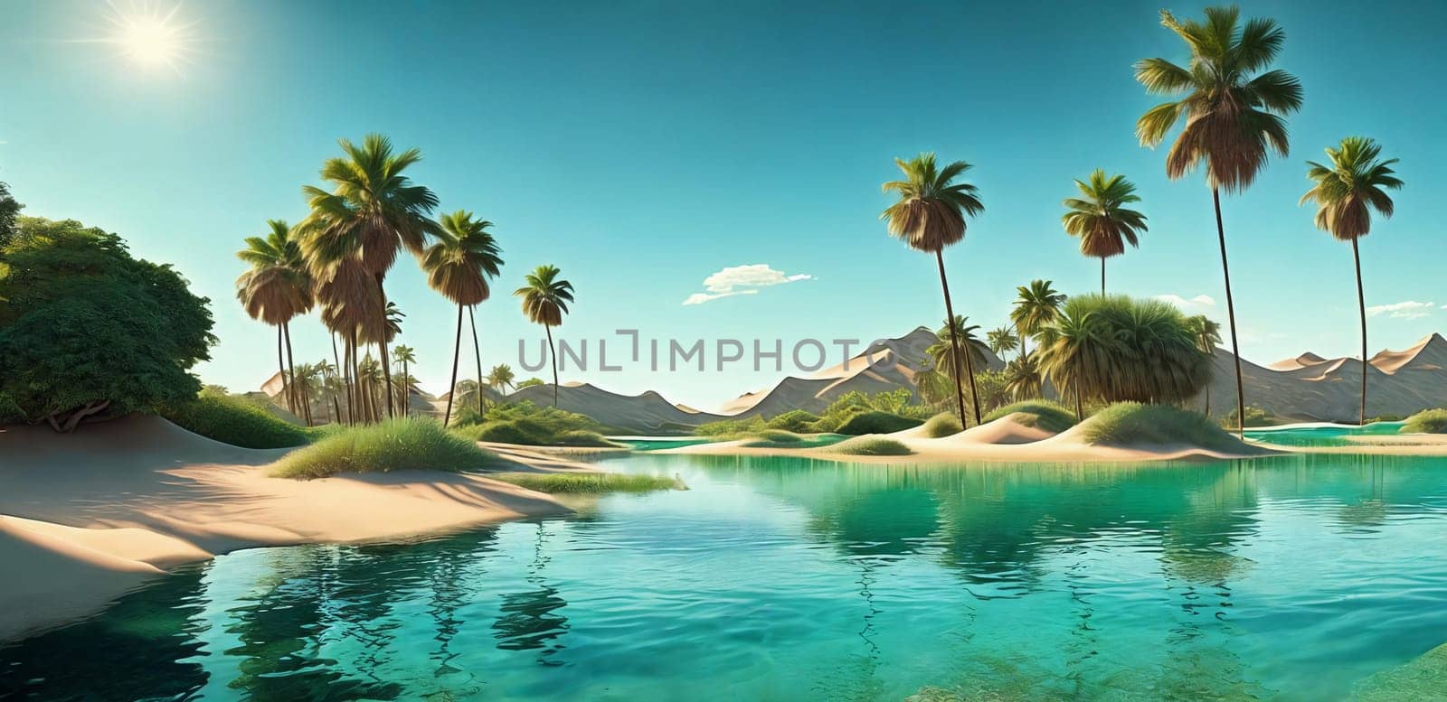 A hidden oasis in the desert with emerald-green waters, palm trees. AI Generated by GoodOlga